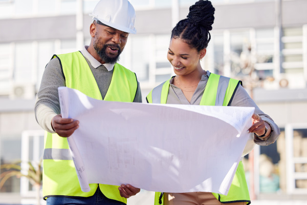 Arquitecto y jóven revisando el plano de su casa nueva asegurada con la alianza de AXA Colpatria y el banco de occidente