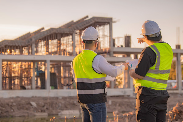 Arquitectos revisando el proyecto asegurado con la póliza riesgo daño material por parte de la constructora