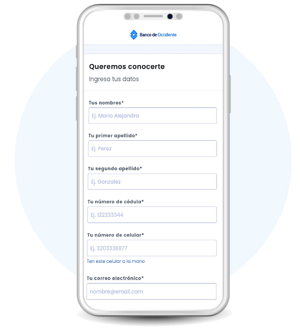 Celular con el formulario para solicitar tu crédito libre inversión Banco de Occidente